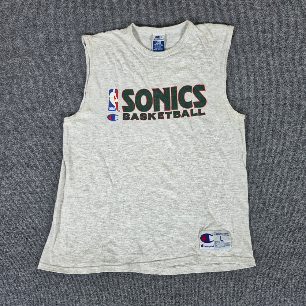 Vintage Champion Seattle SuperSonics NBA Basketball Muscle Tee Gray Mens Large